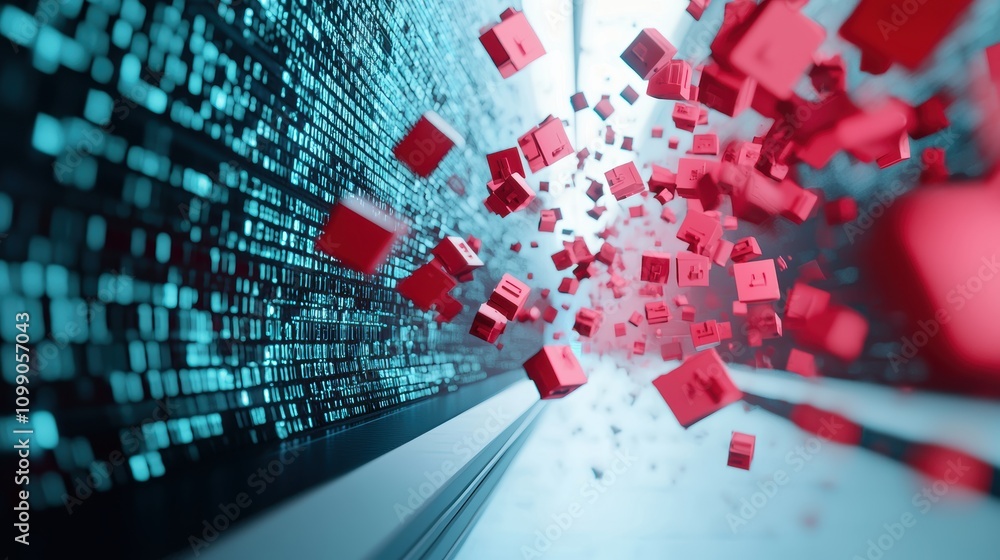 Poster abstract visualization of data encryption, with data being scrambled and secured as it travels throu