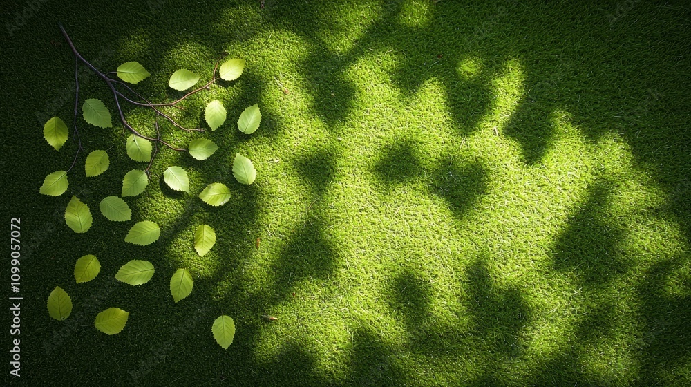 Poster the intricate shadows of leaves and branches cast on a mossy forest floor, creating a dappled patter