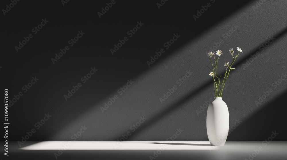 Poster a single beam of light cutting through a dark room, creating a sharp, defined shadow of a vase and f