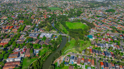Panorama aerial drone view of western Sydney Suburbs of Canterbury Burwood Ashfield Marrickville...