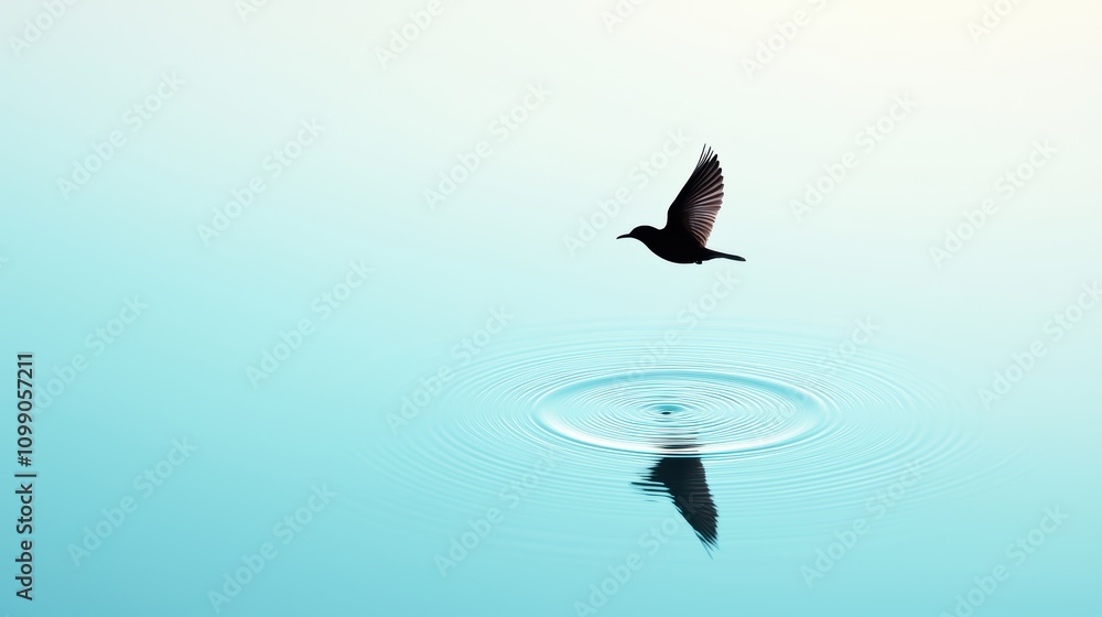 Poster a bird in flight casting a fleeting shadow on a calm lake surface, creating a momentary ripple of da