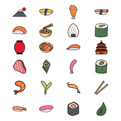 Japanese Food Icons Set - Minimalist and Colorful Doodle Style