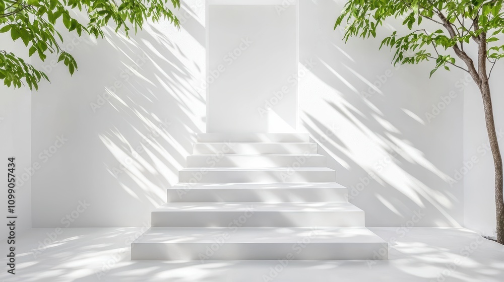 Poster a staircase leading up to a bright doorway, with the steps casting a series of parallel shadows that