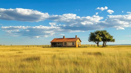 Serene countryside view with a rustic house and blue sky
