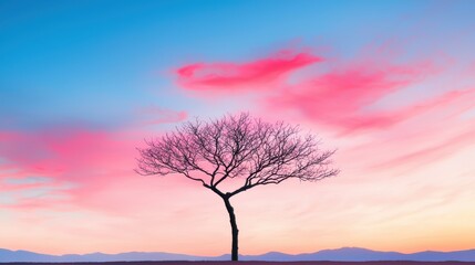 Fototapeta premium A lone tree silhouetted against a vibrant sunset sky, its branches reaching towards the colorful clouds, evoking a sense of solitude and contemplation.