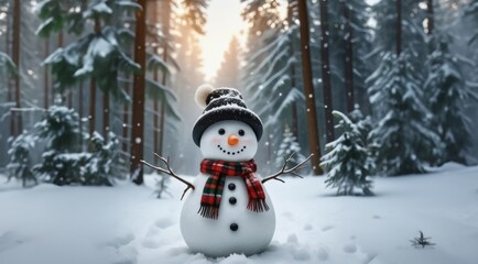 Obraz premium Funny Snowman in the Snow Forest . Christmas greeting card. Happy Snowman. Snowman for Christmas and New Year. winter snowy forest. Winter holidays. Christmas theme. Christmas banner.