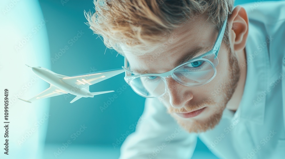 Aufkleber an aerospace engineer working in a wind tunnel, analyzing the aerodynamic performance of a scale mod