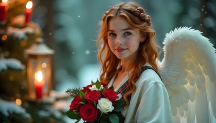 angel, angelic, auburn, hair, ringlets, blueeyes, realistic, white, robe, tartan, plaid, green, red, accents, intricate, feathery, wings, bouquet, roses, redroses, whiteroses, evergreen, holly, snow, 