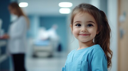 Fototapeta premium Bright Smiling Girl in Blue Medical Scrubs in Hospital Setting with Healthcare Professionals in the Background