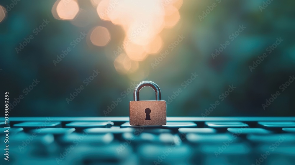 Poster a close up shot of a computer keyboard with a padlock key covering the enter key, signifying the imp