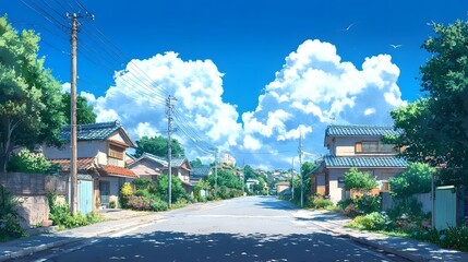 Naklejka premium Serene suburban street with vibrant greenery and fluffy clouds under a bright blue sky.