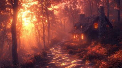 A serene cottage nestled in a forest during sunset, radiating warmth and tranquility.