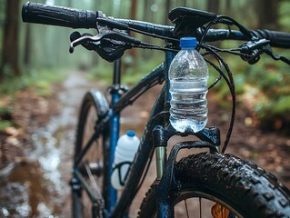 A mountain bike with water bottles stands on a muddy trail surrounded by lush forest, highlighting outdoor adventure and hydration. - Powered by Adobe