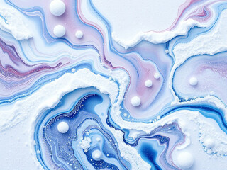 A mesmerizing abstract painting with swirling blue, pink, and white colors. The added texture and white spheres create a unique and dynamic artwork