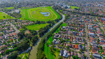 Panorama aerial drone view of western Sydney Suburbs of Canterbury Burwood Ashfield Marrickville...