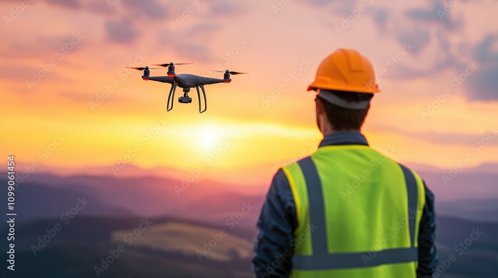 Poster an environmental engineer using a drone to monitor deforestation in a remote area, collecting data t