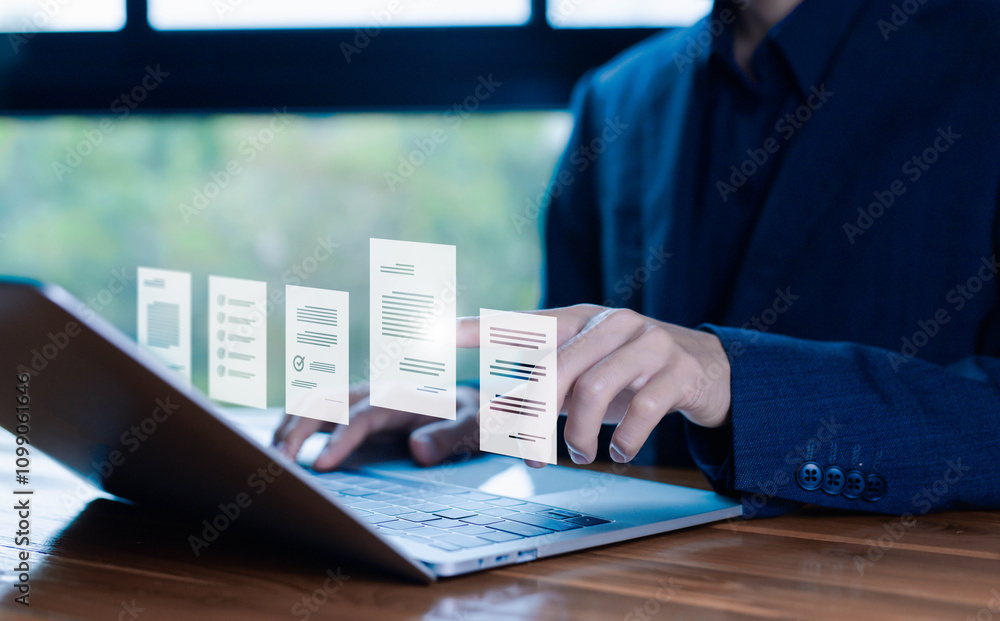 Poster manages document data on a laptop. document files digital electronic, business paperless. software f