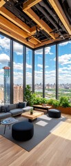 Fototapeta premium Modern Office Lounge with Panoramic City View.