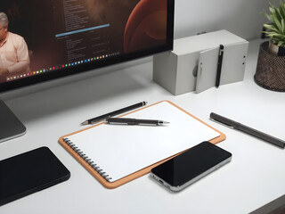 desktop with computer notepad pen pen phone and similar attributes, horizontal view, minimalist style, on concrete background