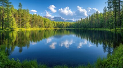 Obraz premium A serene lake surrounded by lush trees and mountains under a bright blue sky.