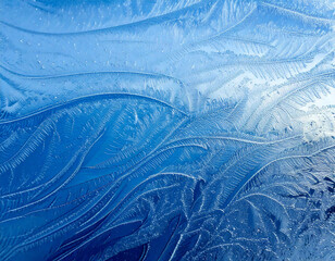 A mesmerizing abstract pattern created by frost on a windowpane. The intricate design features swirling lines and delicate textures in shades of blue