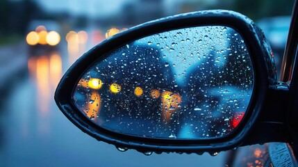 close-up photo of a car&rsquo;s side-view mirror with raindrops covering its surface. The blurred background shows a dimly lit urban street with glowing streetlights.