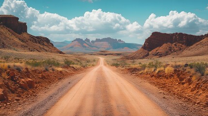 Fototapeta premium A scenic dirt road leads through colorful desert landscapes under a blue sky.