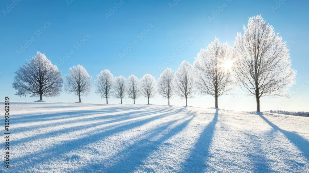 Poster the long shadows of trees cast across a snow covered field, creating a graphic pattern of light and 