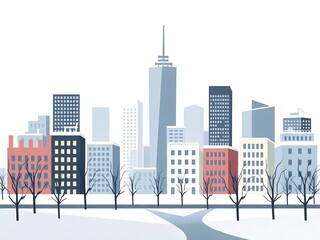 A picturesque winter cityscape with snow-covered buildings and trees. The tall skyscrapers dominate the skyline, creating a sense of urban grandeur