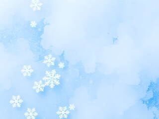 A delicate winter scene with scattered snowflakes on a soft blue watercolor background. Perfect for holiday designs or winter-themed projects