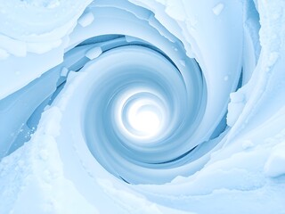 A swirling vortex of white snow creates a mesmerizing abstract pattern. The light blue hue adds a calming and ethereal feel to the image.
