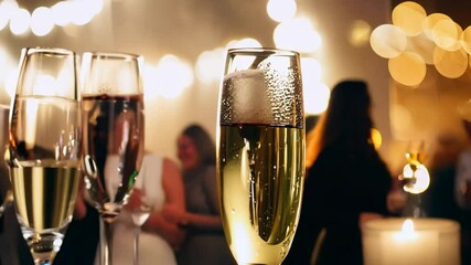 Close-up of champagne glasses. Blurred silhouettes of people dancing at a party in the background. Cheers to the night! Enjoy the sparkle of champagne glasses against a lively party scene.