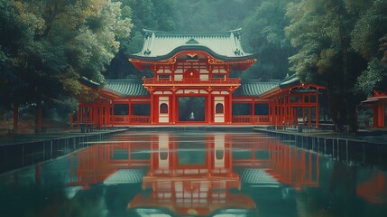Obraz premium Serene traditional Japanese architecture reflected in tranquil waters.