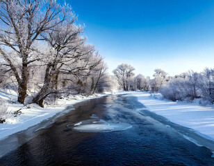 A serene winter scene with a winding river flowing through a snow-covered landscape. Frost-covered trees line the banks, creating a picturesque winter scene