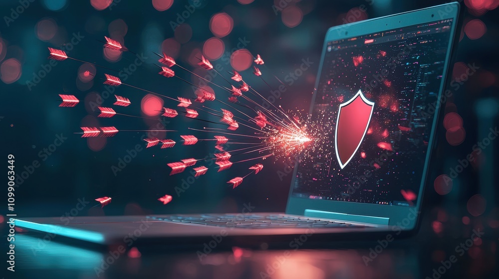 Poster a laptop screen displaying a shield icon deflecting incoming arrows, symbolizing effective cybersecu