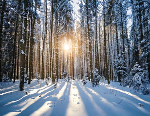 Frosty winter scene with snow-covered trees and a winding path through the woods