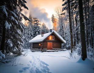 A rustic wooden cabin nestled amidst snow-kissed mountains, a winter wonderland scene