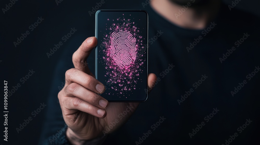 Poster a person holding a smartphone with a fingerprint icon displayed on the screen, emphasizing mobile se