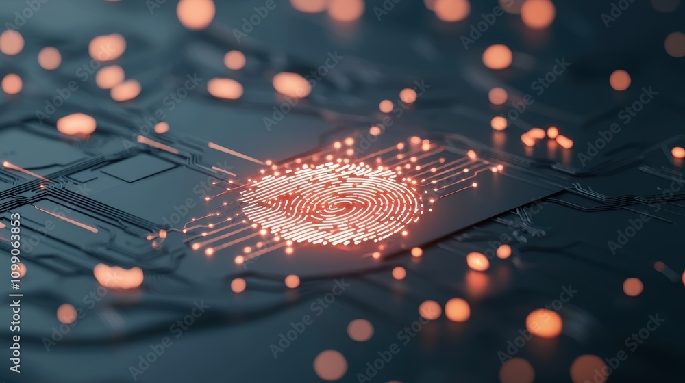 Poster a fingerprint glowing on a dark background, with circuits and data streams emanating from it, signif