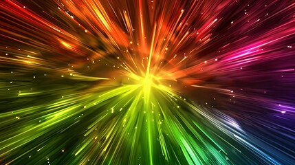 Visually striking abstract image featuring a burst of vibrant colorful energy and illumination reminiscent of a cosmic explosion or nebula  The dynamic kinetic composition creates an electrifying