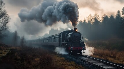 Fototapeta premium Steam Train in Foggy Forest: A Journey Through Time