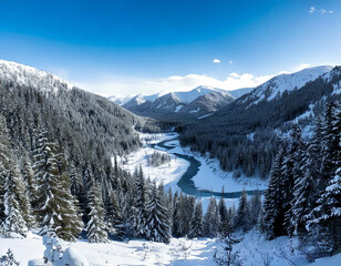 Winter wonderland: snow-kissed mountains, a serene forest blanketed in white