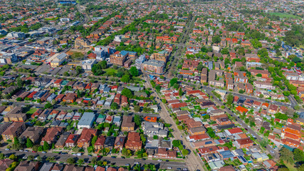 Panorama aerial drone view of western Sydney Suburbs of Canterbury Burwood Ashfield Marrickville...