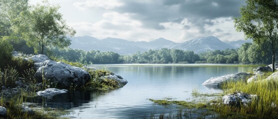 Fototapeta premium serene landscape with calm water and lush greenery