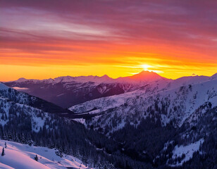 A breathtaking sunrise paints the sky with vibrant colors over a snow-capped mountain range