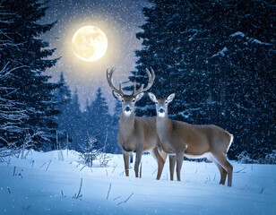 A pair of majestic deer stand in a snowy forest under a full moon