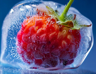 A vibrant raspberry frozen in a block of ice, capturing its freshness