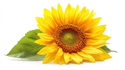 Obraz premium bright sunflower with green leaves on a white background