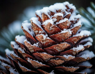 A close-up of a pine cone dusted with snow, showcasing the beauty of winter