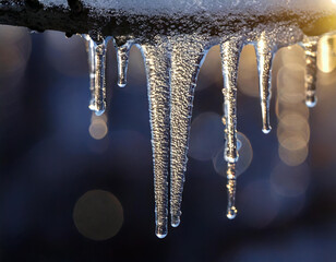 Close-up of glistening icicles hanging from a rooftop with a blurred background
